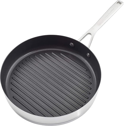 KitchenAid 3-Ply Base Brushed Stainless Steel Induction Pots and Pans Set with Nonstick Round Grill Pan and Lids, Dishwasher Safe, 10 Piece Cookware Set, Brushed Stainless Steel
