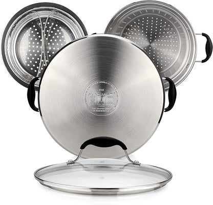 AVACRAFT 18/10 Stainless Steel, 4 Piece Pasta Pot with Strainer Insert, Stock Pot with Steamer Basket and Pasta Pot Insert, Pasta Cooker Set with Glass Lid, 7 Quart