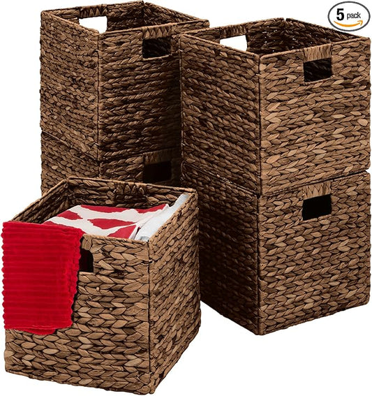 Best Choice Products 10.5x10.5in Pack of 5 Cube Storage Baskets, Water Hyacinth Multipurpose Collapsible Organizers, Handwoven Laundry Totes for Laundry, Living Room, Kids Room & Nursery - Brown