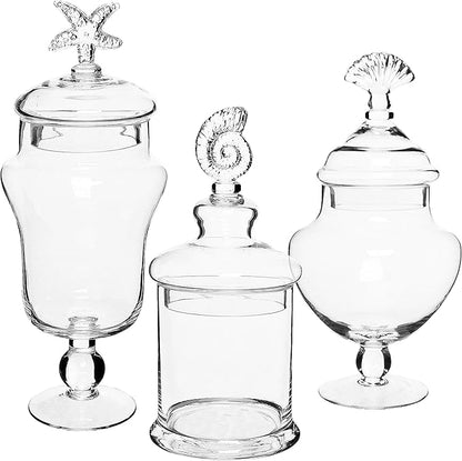 MyGift Clear Glass Apothecary Jars with Lid, Decorative Seashell Design Bathroom Canister, Footed Candy Buffet Containers, Set of 3