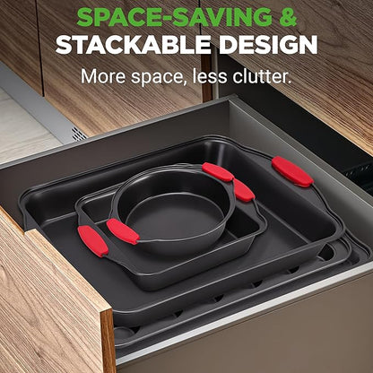 NutriChef 10-Piece Nonstick Kitchen Oven Baking Pans - Premium & Stylish Non-Stick Carbon Steel - Commercial Grade Restaurant Quality Metal Bakeware with Silicone Handles - Easy to Clean, NCSBS10S