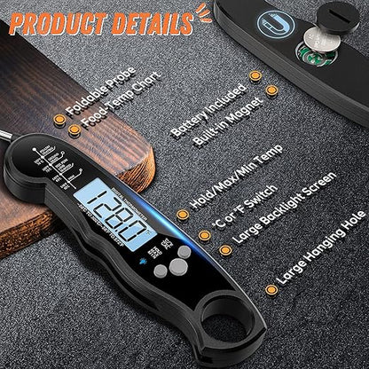 Digital Meat Thermometer, Waterproof Instant Read Food Thermometer for Cooking and Grilling, Kitchen Gadgets, Accessories with Backlight & Calibration for Candy, BBQ Grill, Liquids, Beef, Turkey…