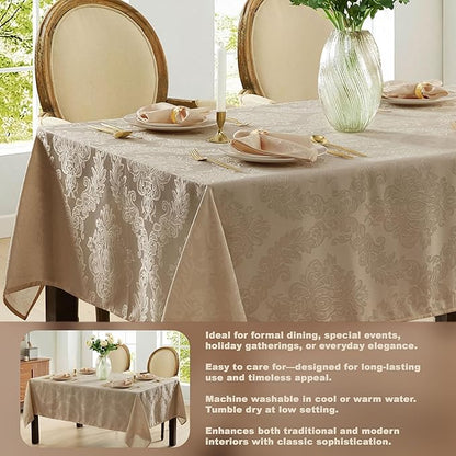 Newbridge Barcelona Luxury Damask Fabric Tablecloth, 60” Wide x 84” Rectangle, Golden Beige, 100% Polyester, No Iron, Soil Resistant Dining Room, Party and Banquet Table Cover