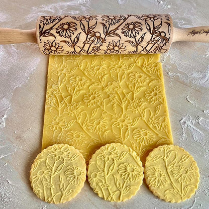 GOLDEN DAISIES Embossing Rolling Pin with Ornamental Bloom Pattern – Dough and Clay Roller for Embossed Cookies and Pottery - Cookie and Ceramic Stamp - Baking Gifts for Women by Algis Crafts
