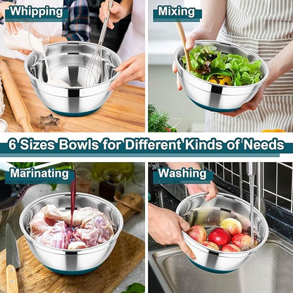 TeamFar Mixing Bowls, 6 PCS Stainless Steel Nesting Salad Bowl with Lids & 3 Graters, For Kitchen Cooking Serving Prepping, Airtight & Non-Slip, Size 4.6/3.5/2/1.5/1/0.7 QT, Blue