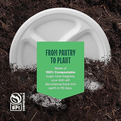 100% Compostable Paper Plates 10 Inch Bulk [500 Count] Heavy-Duty Dinner Plates with Compartments - Natural White Color Bagasse - Eco-Friendly Disposable Biodegradable Sugarcane - [Case 4/125 Pack]
