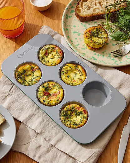 Caraway Nonstick Ceramic 6 Cup Muffin Pan Duo – Non-Toxic, PTFE & PFOA Free – Oven Safe – Aluminized Steel Core – Small Muffin Pan for Baking Cupcakes, Muffins & More - Gray