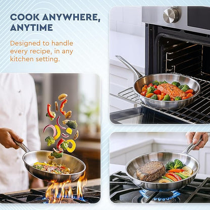UNOX Stainless Steel Frying Pan 12 inches 3-ply Dishwasher Oven Safe up to 800°F -Crafted in Turkey