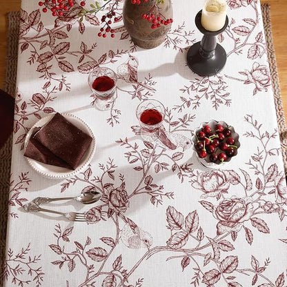 ISAENNE Designer Vintage Linen Rectangular Tablecloth,Red Floral Pattern Linen Stain Resistant Table Cloth,Decor Tablecloths for Dining Thanksgiving Kitchen Tea Party,55"*87"-Harmony