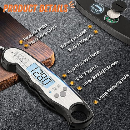 Digital Meat Thermometer, Waterproof Instant Read Food Thermometer for Cooking and Grilling. Kitchen Gadgets, Accessories with Backlight & Calibration for Candy, BBQ Grill, Liquids, Beef, Turkey