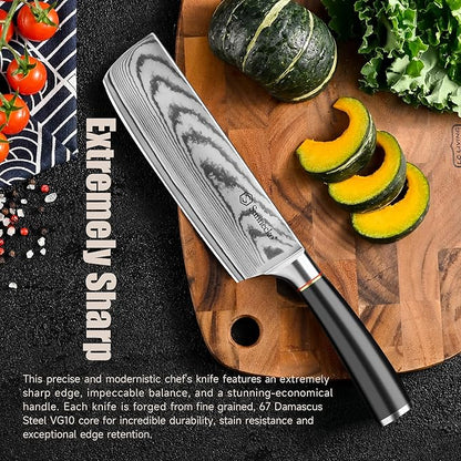 Sunnecko Damascus Nakiri Knife,Japanese VG10 Core Steel Damascus Cleaver Knife,Professional Razor Sharp Kitchen Knives with Knives Sharpner