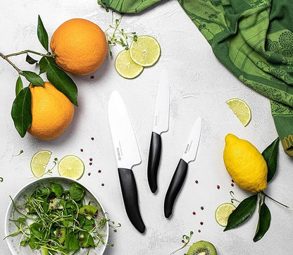 Kyocera Advanced Ceramics – Revolution Series 3-Piece Ceramic Knife Set: Includes 6-inch Chef's Knife; 5-inch Micro Serrated Knife; and 3-inch Paring Knife; Black Handles with White Blades