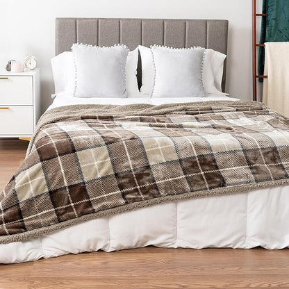 Pavilia Taupe Plaid Sherpa Throw Blanket - Plus Plush Flannel Fleece Blanket - Warm Cabin Sofa Bed Winter Throws 50x60