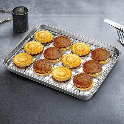 Baking Sheet with Rack Set, Yododo Set of 4 (2 Sheets + 2 Racks), Stainless Steel Cookie Sheet Baking Pan Tray with Cooling Rack, Non Toxic & Heavy Duty & Easy Clean - Size of 16 inch