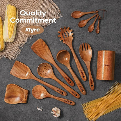 Wooden Spoons for Cooking, Nonstick Kitchen Utensils Set with 4 Piece Measuring Spoons, Comfort Grip Wooden Spatula Set, 9 Piece Teak Wooden Cooking Utensils with Holder and Spoon Rest