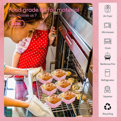 50 Pcs Mini Square Baking Cups with Lids and Spoons Aluminum Foil Mini Cake Pans with Lids Disposable Ramekins Cake Pans Dessert Cups for Wedding Birthday Party(Pink,10oz)
