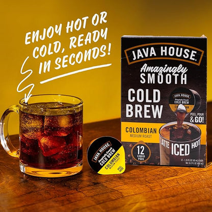 Java House Single-Serve Cold Brew Coffee Pods – Premium 100% Arabica Liquid Concentrate – Smooth & Bold Colombian Roast – 12 Pods – Ready Hot or Iced, Travel-Friendly, TSA Approved
