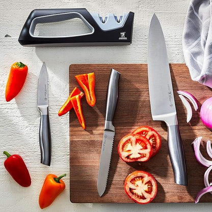 HENCKELS Graphite 4-pc Starter Knife Set, 8" Chef Knife, 5-in. Serrated Utility, 3-in. Paring Knife, and Handheld Sharpener