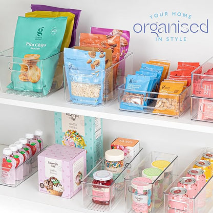 Plastic Food Storage 2 Pack Clear Container Bin with Handles for Organizing Kitchen, Pantry, Refrigerator, Freezer, Pantry, Cabinet, Closet, Bathroom. 14”X4”x4”