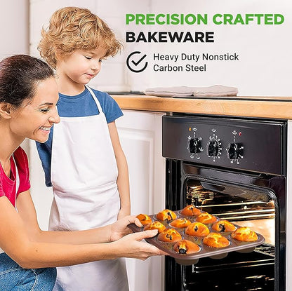 NutriChef Muffin Pans for Baking 4-Pack | Nonstick 12 Mold Cupcake Tins | Carbon Steel Stackable Cup Cake Trays | Dishwasher & Oven Safe | Includes 200 Parchment Paper Liners | 13 x 10 x 1 | Gold