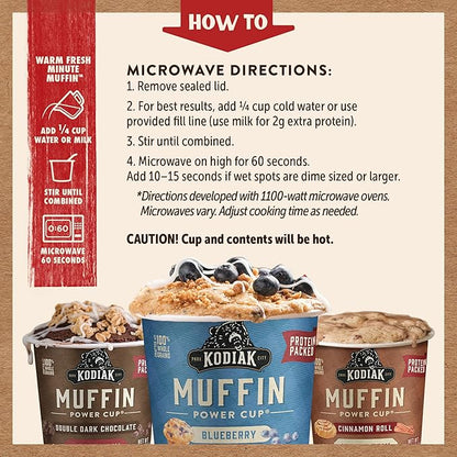 Kodiak Cakes Minute Muffin Cup Variety Pack - 100% Whole Grains, Double Dark Chocolate, Blueberry & Cinnamon Roll (Pack of 12)