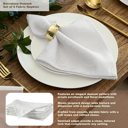 Newbridge Barcelona Luxury Damask Fabric Tablecloth, 70” x 70”, Square, White, 100% Polyester, No Iron, Soil Resistant Dining Room, Party and Banquet Table Cover