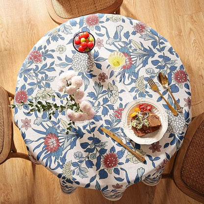 patdrea Designer Blue Tablecloth for Round Table,Vintage Linen with Leaves and Floral Pattern Tablecloths,Farmhouse Decor Cover for Kitchen Dining Christmas,Thanksgiving,Diameter 67"-Ivar a