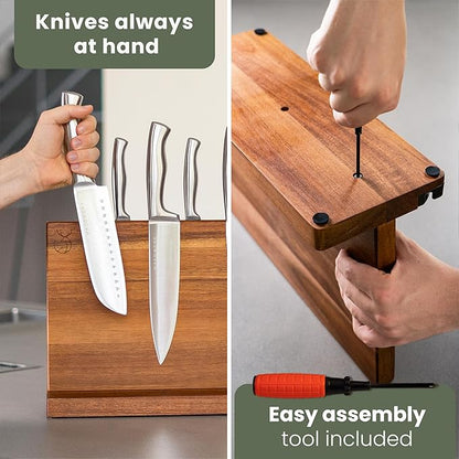 WALDWERK Extra Large Magnetic Knife Holder (16”) - Acacia Wood Knife Block Without Knives - Knife Holder - Magnetic Knife Block - Knife Storage - Knife Magnet Organizer for Countertop