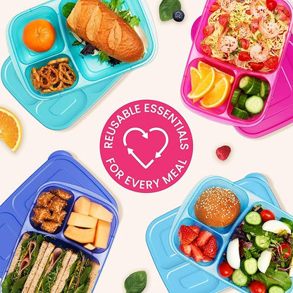 Bentgo Easyboxes - Original Stackable Lunch Boxes - Reusable 3-Compartment Food Containers for Kids and Adults - Bento Lunch Box for Meal Prep, School, & Work - BPA Free, Set of 4 (Jewel Brights)