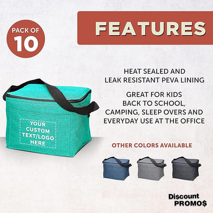 Custom Insulated Cooler Lunch Bag Set of 10, Personalized Bulk Pack - Perfect for Work, Travel, Outdoor Events - Mint