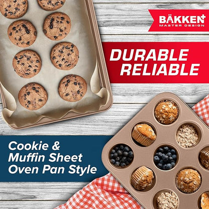 BAKKEN 10-Piece Kitchen Baking Pan Set - Commercial Grade Carbon Steel Bakeware, With Nonstick Coating, Stackable and Space-saving Design, PFOA, PFOS, PTFE Free, Oven Safe Tray (Up To 450°F), Brown