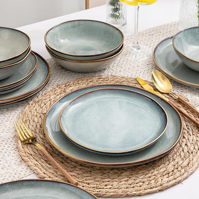 AmorArc Ceramic Dinnerware Sets,Handmade Reactive Glaze stoneware Plates and Bowls Sets,Highly Chip and Crack Resistant | Dishwasher & Microwave Safe,Service for 4 (12pc)