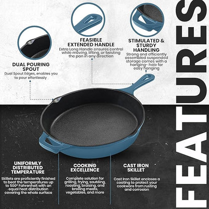 Utopia Kitchen Cast Iron Frying Pan 10.25 Inch, Cast Iron Chefs Pan, Pre Seasoned Skillet, Safe Grill Cookware for Indoor & Outdoor Use, Teal