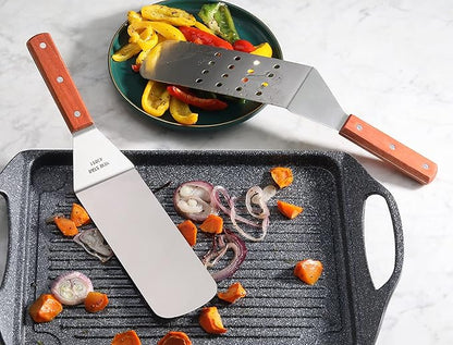 New Star Foodservice 43051 Wood Handle Flexible Grill Spatula Set, 14.5", Set of 2, Silver