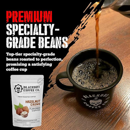 Blackout Coffee Hazelnut Creme Flavored Ground Coffee – Medium Roast, Smooth Taste, Guilt-Free Indulgence – Freshly Roasted 12oz Bag, American Made