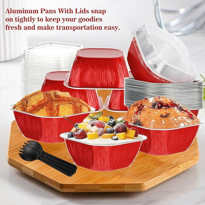 30PCS Mini Cake Tins With Lids - 7.8OZ Aluminum Foil Baking Cups for Individual Cakes, Bundt Pans for Baking Party, Red