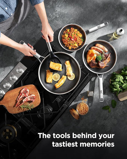 Nonstick Frying Pan Set, Non-Toxic Tri-Ply Hybrid Ceramic Skillet 3 Piece, 8, 10 & 12 Inch Stainless Steel Pans, PFAS/PFOA/PTFE Free, Metal Utensil Safe, Dishwasher & Oven Safe, Induction Compatible