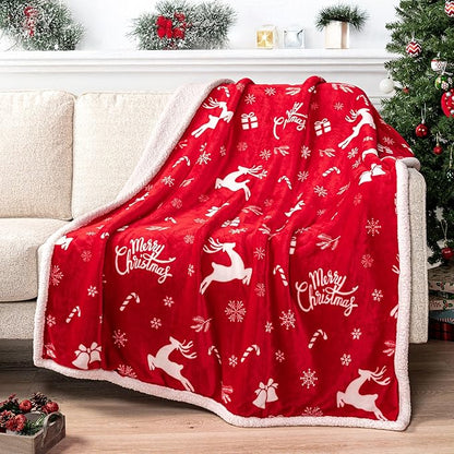 PAVILIA Premium Christmas Sherpa Throw Blanket | Christmas Decoration Gift, Fleece, Plush, Warm, Cozy Reversible Microfiber Holiday Blanket | Red Reindeer - 60x80 Twin