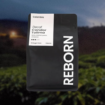 Reborn Coffee Specialty Whole Bean Decaf Coffee, Medium Roast, 12 Ounce, Colombia Condor Tolima, Flavor Notes of Berry, Caramel, Peach, and Cinnamon
