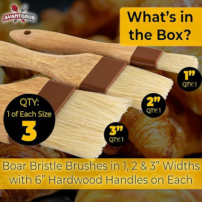 Durable, Hardwood 1, 2, 3in Boar Bristle Pastry Brush Set. Grill and Kitchen Flat Brushes for Basting Meat, Spreading Butter, BBQ Sauce or Marinades. Chef Quality Cooking, Baking or Grilling Tools