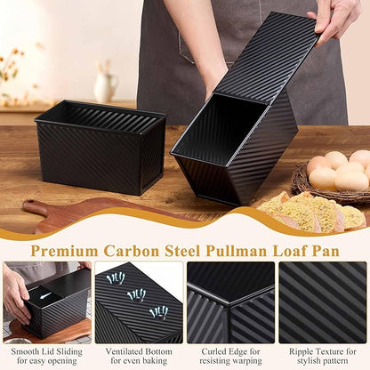 LIANYU Pullman Loaf Pan with Lid, 1 LB Nonstick Bread Loaf Pan, Metal Baking Tin for Homemade Sourdough Bread, Carbon Steel Bakeware Toast Box with Cover for Toast Oven Baking, Black