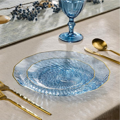 PLASTICPRO 30 Pack Plastic Plates Set of 15-10 inch Plates and 15-7 inch Plates, Elegant Clear Blue Spiral and Gold Rim Disposable Fancy Plates Premium Heavyweight