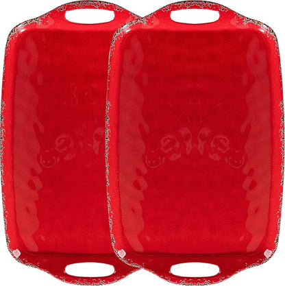 Christmas Large Melamine Serving Tray with Handle, Crackled Rustic Rectangle Melamine Serving Platter for Serving Food, Coffee Table Tray, Entertaining & Party Use, Set of 2, Christmas Red