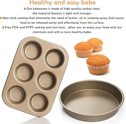 Moss & Stone 5 Piece Baking Pans Set, Carbon Steel Non-Stick PTFE Coating Oven Safe Baking Sheet Set, Bakeware Set With Heat Red Glove, Cookie Sheets For Baking Nonstick Set