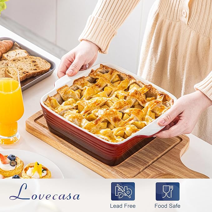 LOVECASA 8x8 inch Baking Pan, 2 Quart Square Cake Pan Baking Dish for Oven, Stoneware Brownie Pan Non-Stick, Casserole Baking Pan with Handle,Ceramic Bread Pans for Baking, Red
