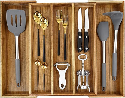 Luxury Acacia Silverware Organizer -Kitchen Drawer Organizer - Utensil Holder and Cutlery Organizer with Grooved Drawer Dividers for Flatware and Kitchen Utensils (5 Slot)