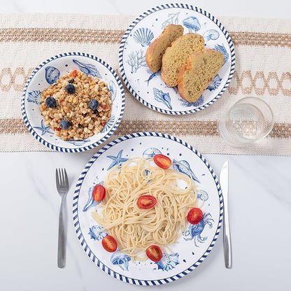 LEHAHA 12-Piece Coastal Melamine Dinnerware Set Service for 4, Unbreakable & Lightweight Round Plates and Bowls Set, Outdoor Dish Set for Patio, Camper, RV, Indoor Outdoor Use with Ocean Printed