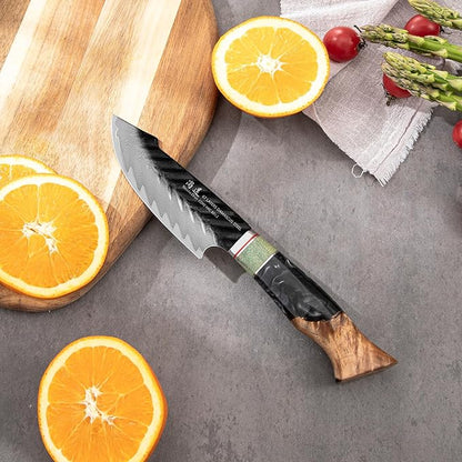 SHANGDAO Damascus Utility Knife 4.8 Inch Fruit Knife with Leather Sheath 67 Layers Alloy Steel Peeling Cutter - Hand Forged Resin & Wood Handle QILIN Series