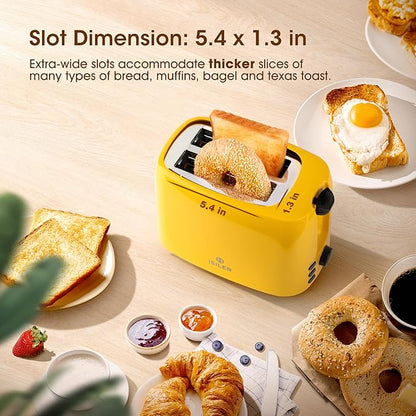iSiLER 2 Slice Toaster, 1.3 Inches Wide Slot Bagel Toaster with 7 Shade Settings and Double Side Baking, Removable Crumb Tray, Defrost Cancel Function Yellow