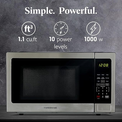 Farberware 1.1 Cu. Ft. Countertop Microwave Oven – 1000 Watts Power, Auto Cook Settings, Defrost, Easy Clean and Child Safety Lock-Stainless, Stainless Steel